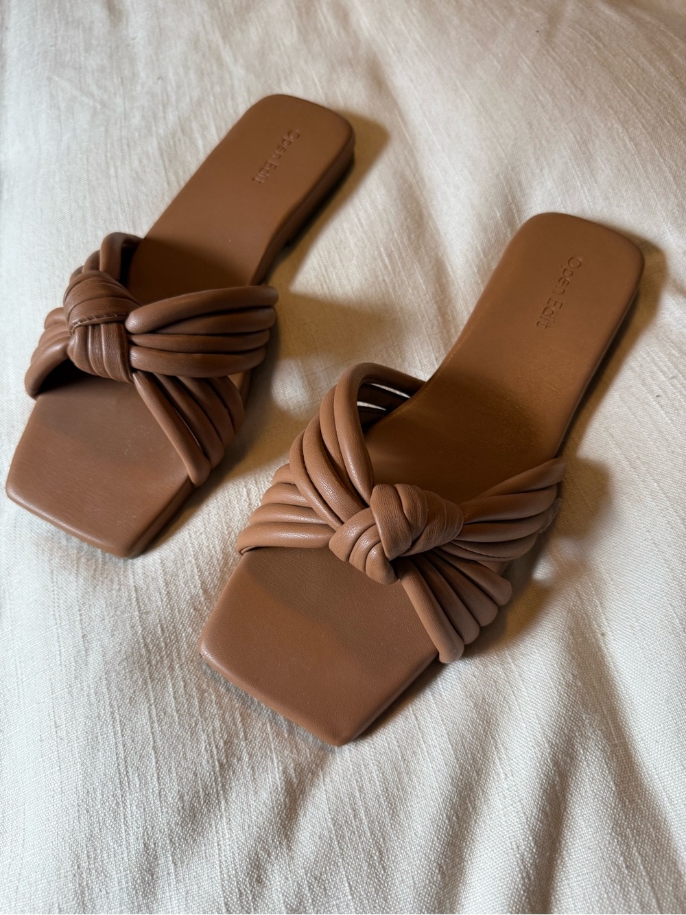 Open Edit Otto Slide Sandals in a brown, knotted design.